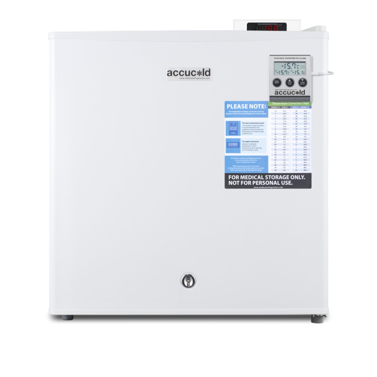 Compact -20 C vaccine storage all-freezer with digital thermostat, temperature alarm, hospital grade cord, self-closing door, and front lock